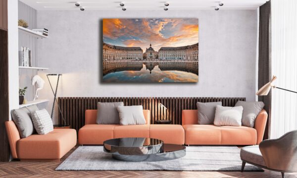 Scandinavian interior design of living room with orange sofa fur